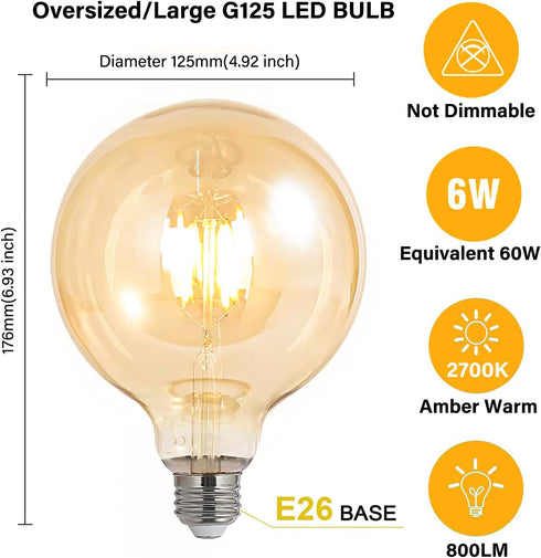 LED Bulbs 60 Watt Equivalent, 2 Pack 6W G125 LED Globe Bulbs, Antique Vintage Light Bulbs Amber, E26 LED Edison Light Bulb, 2700K 800LM Warm White...