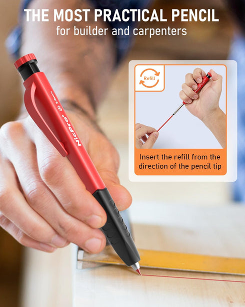 Nicpro 2 Pack Carpenter Pencil Set with Sharpener & Finger Grip, Mechanical Woodworking Pencils with 26 Refills (Red, Black, Yellow), Deep Hole Ma...
