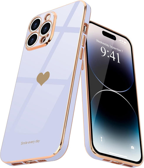 Teageo for iPhone 14 Pro Case for Women Girl Cute Love Heart Luxury Plating Soft Bling Back Cover Raised Full Camera Protection Bumper Silicone Sh...