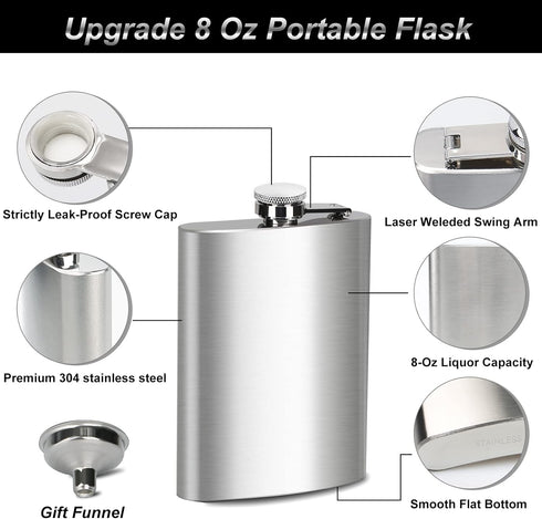 8 Oz Flask for Men, Leakproof Stainless Steel Flask with Funnel, Ideal for Camping and Gifting...