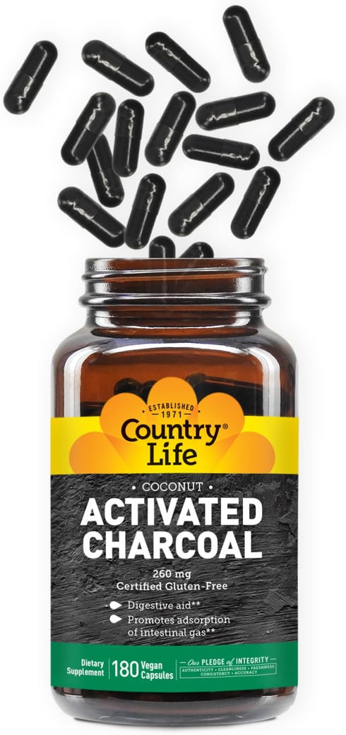 Country Life Activated Organic Coconut Charcoal Capsules, 260mg – Natural Charcoal Supplement for Gas and Bloating Relief, Gluten-Free, 180 Vegan ...