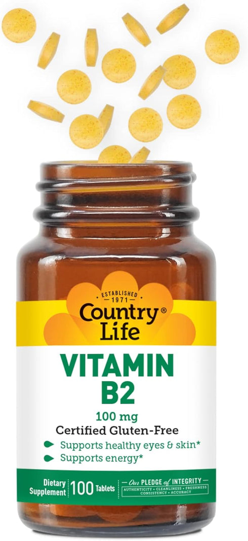 Country Life Vitamin B-2, Supports Health Eyes & Skin and Energy, 100mg, 100 Tablets, Certified Gluten Free, Certified Vegan, Certified Halal…...