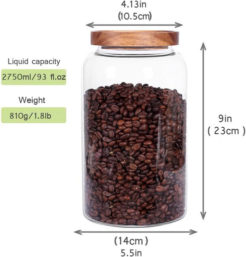 Large Glass Food Canisters, 93 FL OZ(2750ml) Kitchen Serving Stoarge Container with Airtight Wooden Lids, Cereal Dispenser Jars for Spaghetti Past...
