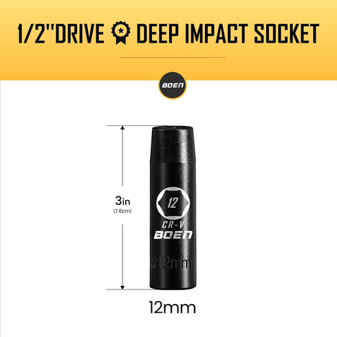 1/2" Drive Deep Impact Socket,12mm Premium Socket,Metric,6 Point,Cr-V Steel with Laser Marking - Strong and Durable...