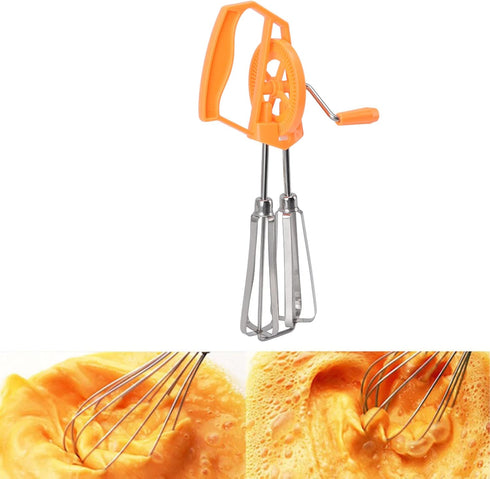 , Classic Hand Crank 18/10 Stainless Steel Churner, Dual Head Design, Effort Saving Manual Hand Mixer for Home Kitchen Cooking (Orange)...