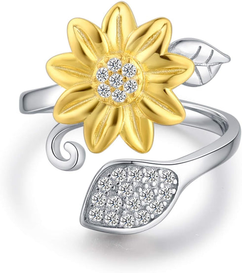 BEILIN Sunflower Ring for Women You are My Sunshine 925 Sterling Silver Adjustable Promise Rings for Daughter Wife Mom...