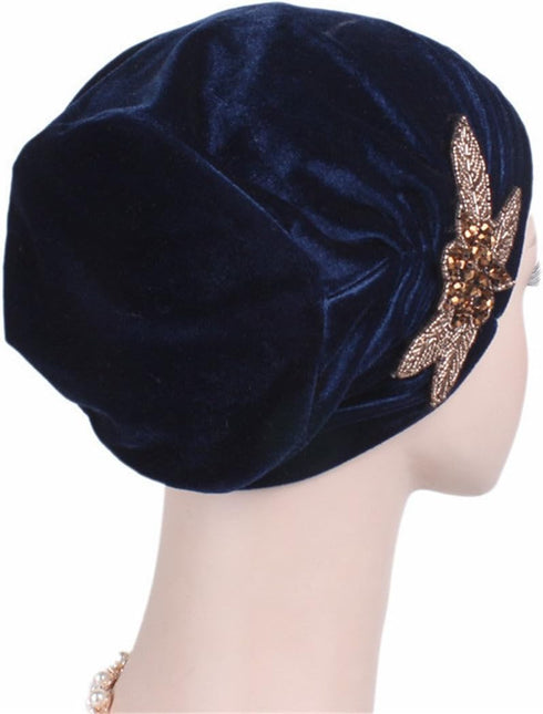 Qhome Fashion Women's Elegant Soft Velvet Turban Beanie with Beaded Flower Hat Chemo Cap Liner for Cancer Hair Loss Ladies...