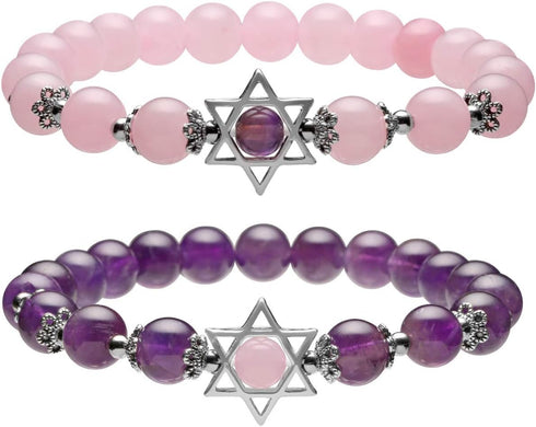 Jovivi 2pcs Natural Semi Precious Gemstone Amethyst Rose Quartz Crystal Bracelets Set Handmade Healing Stone Beads Beaded Stretch Bracelet for Wom...