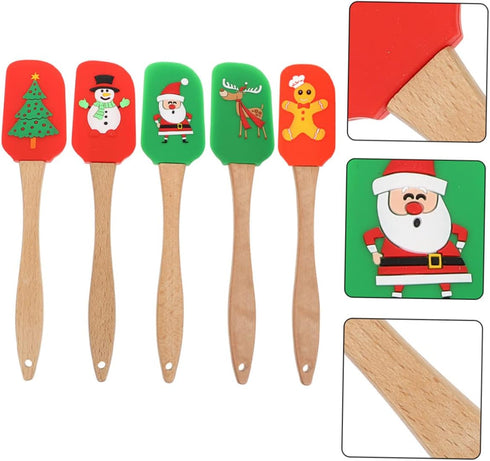 5pcs Cream Spatula Frosting Spatula Wooden Handles Silicone Baking Sheet Christmas Cake Decorating Spatula Christmas Rubber Spatula Cake Baking Sc...