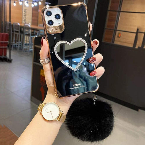 Makeup Mirror Mobile Phone Case, Luxurious Bling Heart-Shaped Mirror Phone Case for iPhone 14 (14 Pro, Black)...