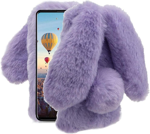 for Samsung Galaxy A51 Case, Aearl Rabbit Fur Ball Case,Luxury Cute 3D Homemade Diamond Winter Warm Soft Furry Fluffy Fuzzy Bunny Ear Plush Purple...