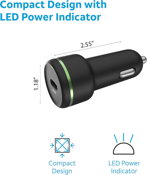AT&T Single Port 20W USB-C Bullet Car Charger for Apple iPhone, iPad, Watch, Google Pixel, and Samsung Galaxy (Black)...