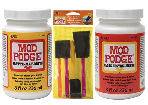 Decoupage Kit | Set 8oz Bottles of Mod Podge Waterbase Sealer/Glue/Finish (Matte + Gloss Finish) | 4pk Foam Brush Set...