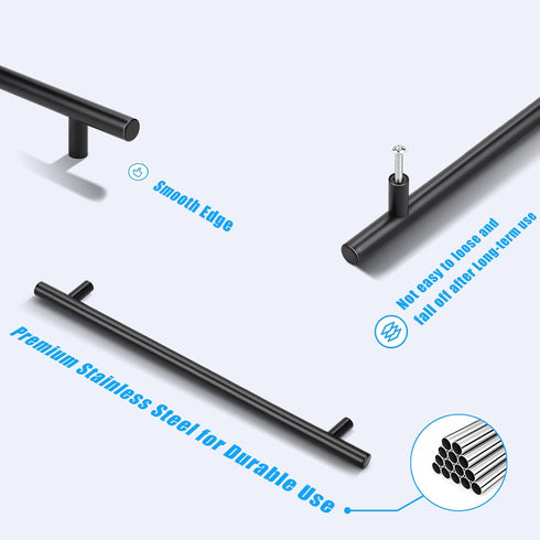KNOBWELL 6 Pack 10" Black Cabinet Handles Euro Style Stainless Steel Modern Long Kitchen Cabinet Door Pulls, Overall Length 12-3/5"...
