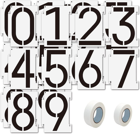5 inch Number Stencils, 20PCS 0-9 Address Curb Stencil Kit Reusable Plastic Numbers Interlocking Stencils with 2 Rolls Masking Tape for Painting A...