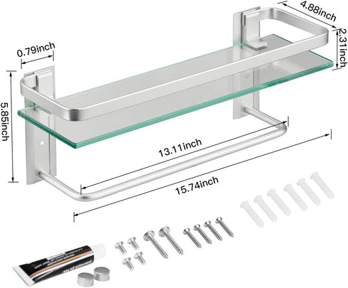 VOLPONE Glass Shelf with Towel Bar 15.7in Silver Bathroom Shelf Wall Mount Rustproof Bathroom Wall Organizer 1 Tier (Silver)...