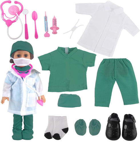 Doll Doctor Outfits and Medical Kit Accessories for 18 Inch Fashion Dolls, includes White Coat, Green Scrubs, Doctor Surgical Gown and Tools Plays...