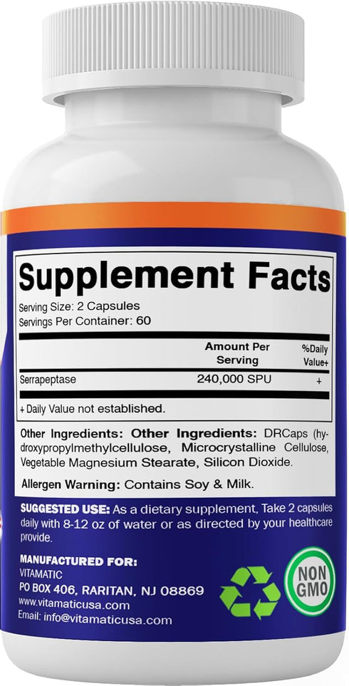 Vitamatic Serrapeptase 240,000 SPU Servings, 120 Delayed Released Capsules - Enteric Coated - Proteolytic Enzyme for Sinus, Respiratory & Joint- N...