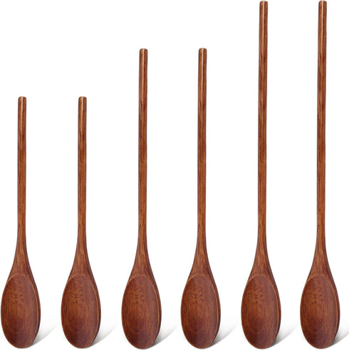 HANSGO 6PCS Long Handle Wooden Spoons, 10/12/14 Inch Wood Eating Spoons Japanese Style Cooking Utensil for Serving Mixing Stirring Dark Brown...