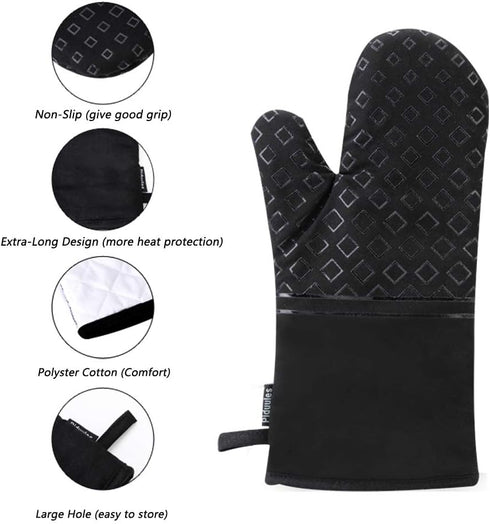 Set of 4 Oven Mitts and Pot Holders, 482 F Heat Resistant Hot Plate Moving Non-Slip Gloves for BBQ, Grill, Baking, Cooking, Oven, Microwave (Black...
