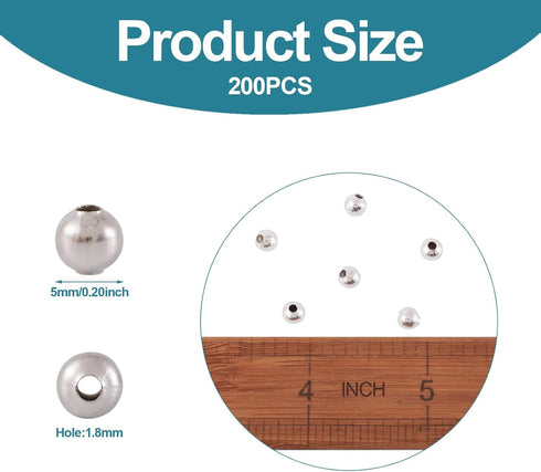 Craftdady Silver Iron Round Ball Spacer Beads 200Pcs 5mm Metal Smooth Rondelle Charm Loose Beads for DIY Jewelry Craft Making with 2mm Hole...