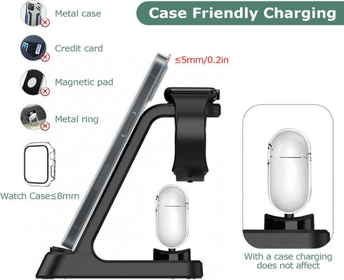 DDUAN Wireless Charging Station, 3 in 1 Fast Charger Stand, Wireless Charger for iPhone15/14/13/12/11/Pro/Max/X/XS/Max/XR/8 & Apple Watch 8/7/SE2/...
