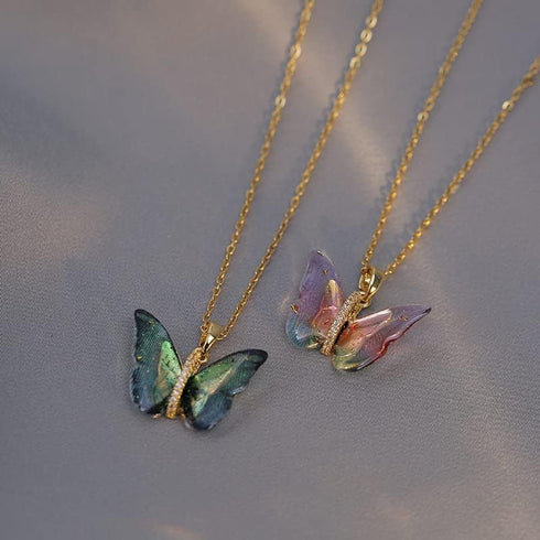 Butterfly Necklace for Women - Fairy Cubic Zirconia Butterfly Pendant Necklaces Titanium Steel (Gold Pink)...