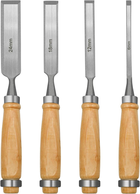 Professional Wood Chisel Set, 4 Piece Wood Chisel Set for Woodworking Wood Carving Chisel, CR-V Steel Chisel, including 6mm, 12mm, 18mm, 24mm...