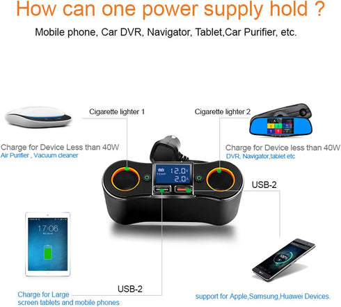 Dual USB Quick Charge QC3.0 Car Charger Adapter 2-Socket Cigarette Lighter Adapter with LED Voltmeter Suitable for Mobile Phones, car DVR, Navigat...