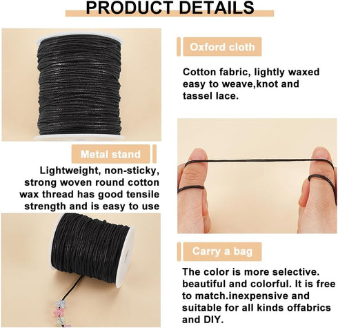 PH PandaHall 100 Yards 1.5mm Waxed Cotton Cord Black Waxed Thread Beading String for Bracelet Necklace Waist Beads Making Crafting Beading Macrame...