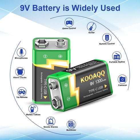 9V Rechargeable Batteries, High Capacity 1300mAh (2024 New Version) Rechargeable 9 Volt Square Batteries for Smoke Detector/Alarms,Metal Detector,...