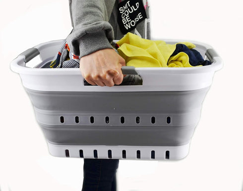 SAMMART 30L (8 gallon) Collapsible 3 Handled Plastic Laundry Basket - Foldable Pop Up Storage Container/Organizer - Space Saving Hamper/Basket (Wh...