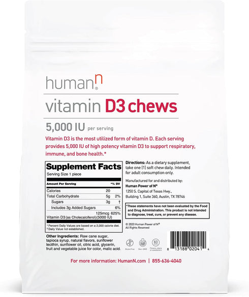 humanN Vitamin D3 Chews - High Potency Vitamin D3 5000iu (125mcg) Helps Support Healthy Mood, Immune Support, Respiratory Health & Bone Health, Mi...