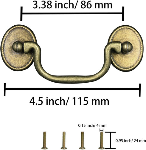 4 PCS Vintage Drop Bail Drawer Pulls, Antique Bronze Cabinet Pulls, 3.38"/86mm Hole Center, Zinc Alloy Drawer Pull Handles, Metal Bronze Dresser D...
