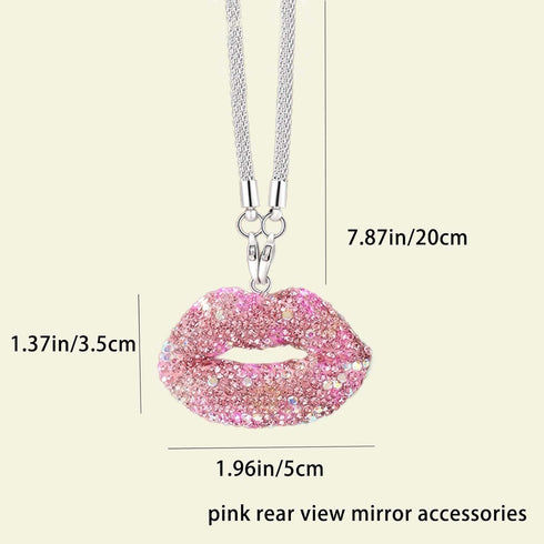 Bling Pink Lip Diamond Car Accessories for Women, Crystal Car Rear View Mirror Charms Car Decor Valentine's Day Gifts Lucky Hanging Interior Ornam...