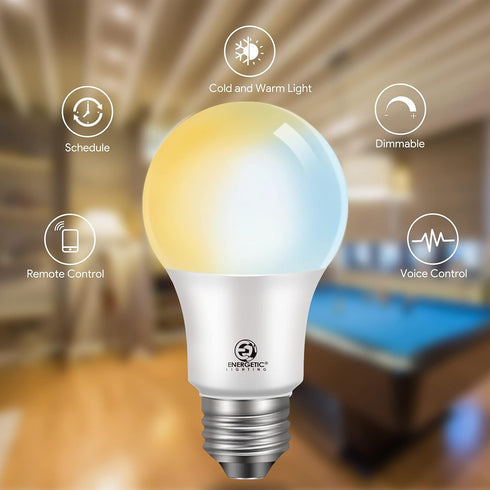 Energetic LED Bluetooth Smart Light Bulb, A19 Dimmable 60W Equivalent 2700-6500K Tunable White, Work with Hey Google, Smart Speaker Required, Goog...