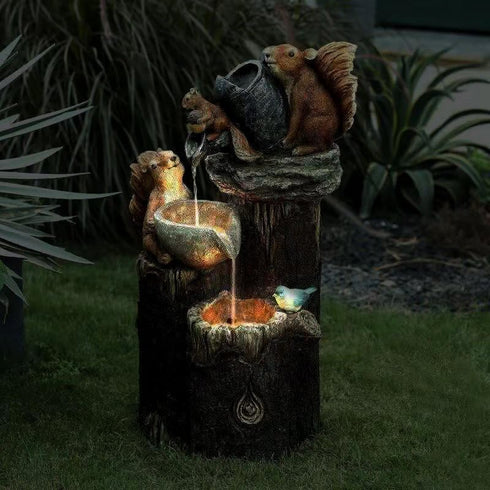 Rehomy Garden Solar Squirrel Statue Ornament Waterfall Squirrel Sculpture with Light Garden Landscaping Decoration...