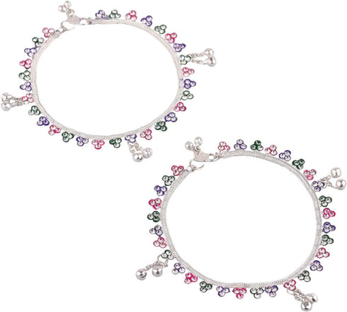 Efulgenz Indian Silver Tone Meenakari Jewellery Set Bell Charms Crystal Chain Anklet Set for Women Bracelet Payal Foot Jewelry...
