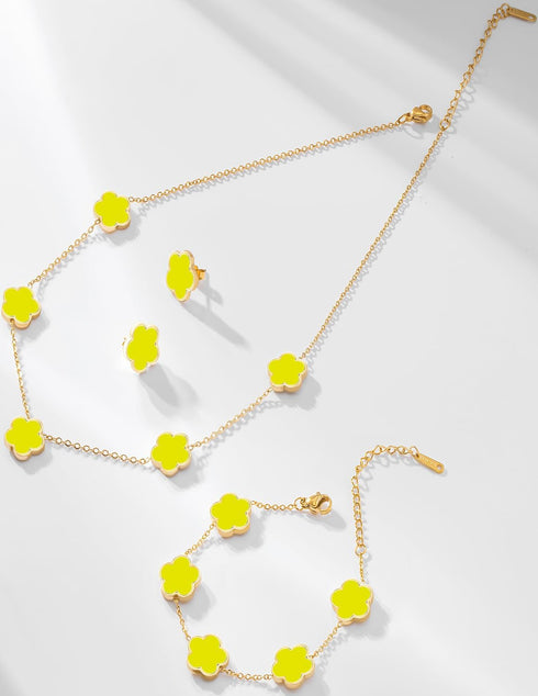 Gold Plated Stainless Steel Flower Bracelet, Necklace and Stud Jewelry Set for Women...