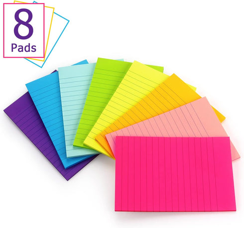8 Pads Lined Sticky Notes 4x6 Sticky Notes with Lines Self-Stick Note Pads 8 Bright Multi Colors, 35 Sheet/Pad...