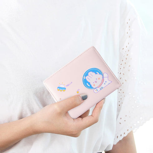 Sunwel Fashion Girls Cute Astronaut Bear Bunny Print Tri-folded Wallet Small Wallet Cash Pocket Card Holder ID Window for Women (PINK)...
