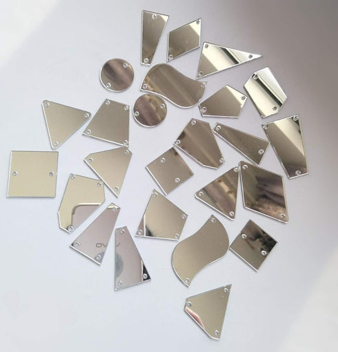50PCS Silver Sew on Mirror Rhinestones Sew On Mirror Pieces with Holes Flat Back Acrylic Shiny Sew-on Stone for Dress Decoration (Mix Shapes, Silv...