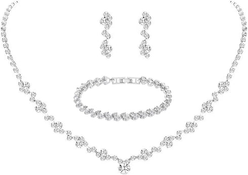 Tatibana Crystal Wedding Jewelry Set, Silver Necklace Earrings Bracelet Crystal Bridal Wedding Jewelry Sets for Brides Bridesmaid Prom Costume Acc...