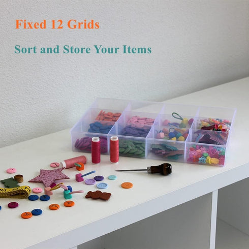 BangQiao 2 Pack Fixed 12 Grids Clear Plastic Organizer Sorting Tray and Transparent Storage Divider Box Container Case for Hardware, Craft, Sewing...