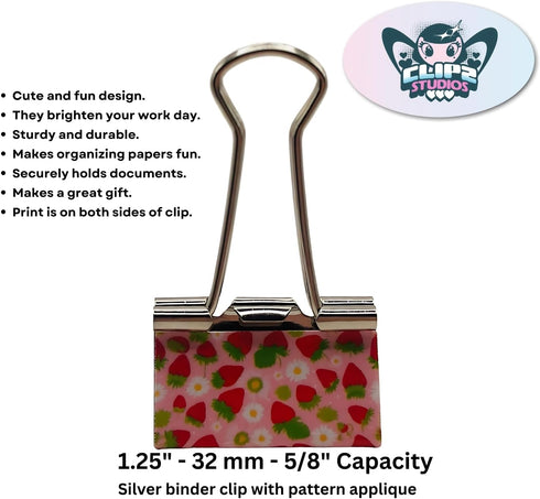 Fun Strawberry Print Binder Clips, 1 1/4"" Size, Set of 6, Red, Pink, Silver...