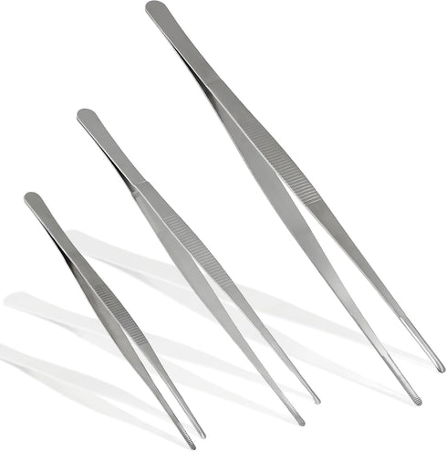 3Pcs Stainless Steel Tweezer Set (8" 10" 12"), Long Tweezers with Precision Serrated Straight Tips, Non-slip Multitool Tweezer for Cooking, Repair...