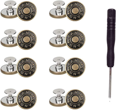 8 Sets Replacement Jean Buttons,No Sew Removable Metal Button for Jeans,17mm Button Repair Kit with Screwdriver in Plastic Storage Box.Fit for Any...