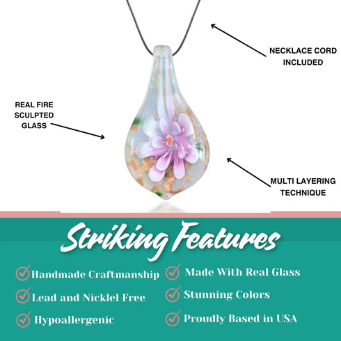 Handmade Murano Inspired Blown Glass Lampwork Art Flower Teardrop Necklace Pendant for Women ? Handcrafted Artisan Hypoallergenic Italian Style Je...