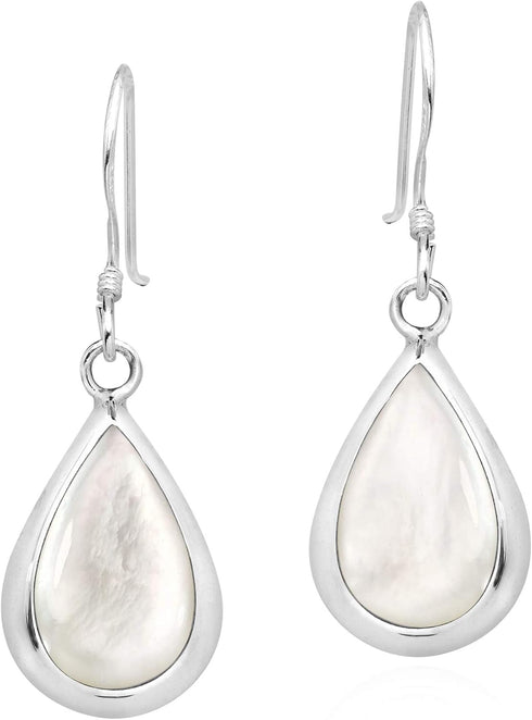 AeraVida Elegant Teardrop White Mother of Pearl Inlay Sterling Silver Dangle Earrings...
