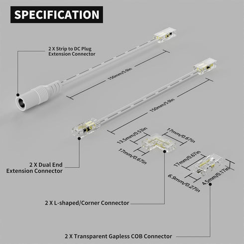 PAUTIX 5mm Connectors for 2-pin COB LED Strip Light,2pcs Gapless Connectors,2pcs L-Shaped Connectors,2pcs Dual End Strip Connectors,2pcs Strip to ...